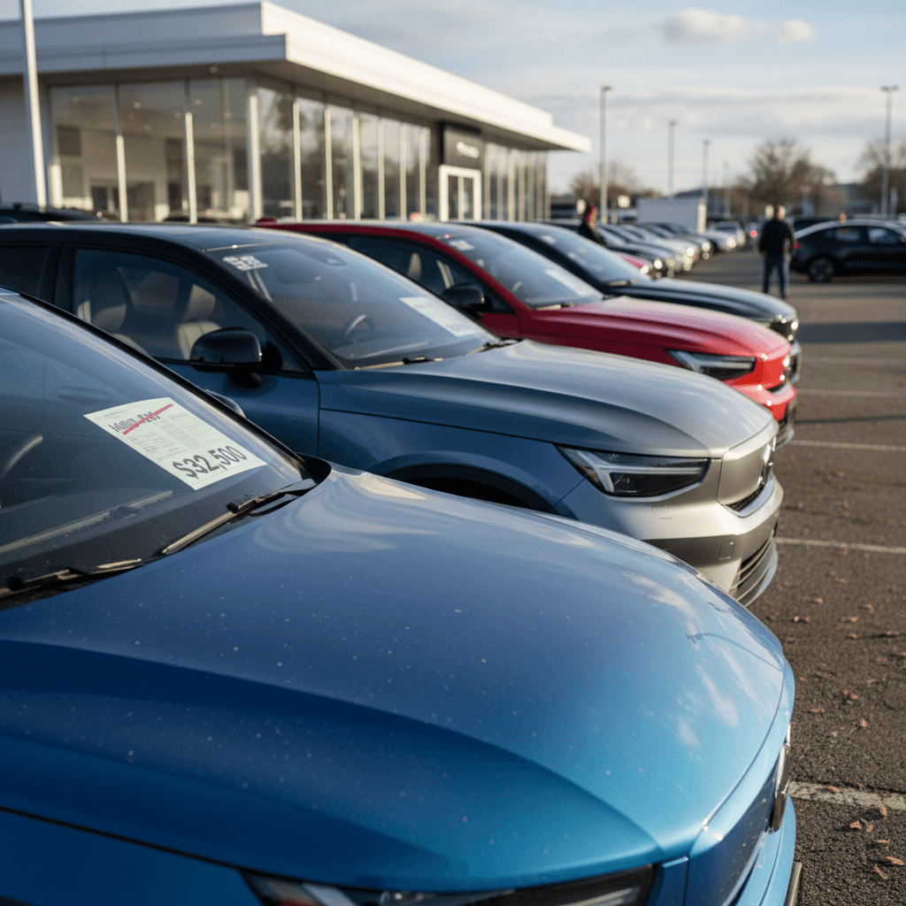 Used Volvo C40 Recharge models lined up on a dealer lot with price stickers on the windshields