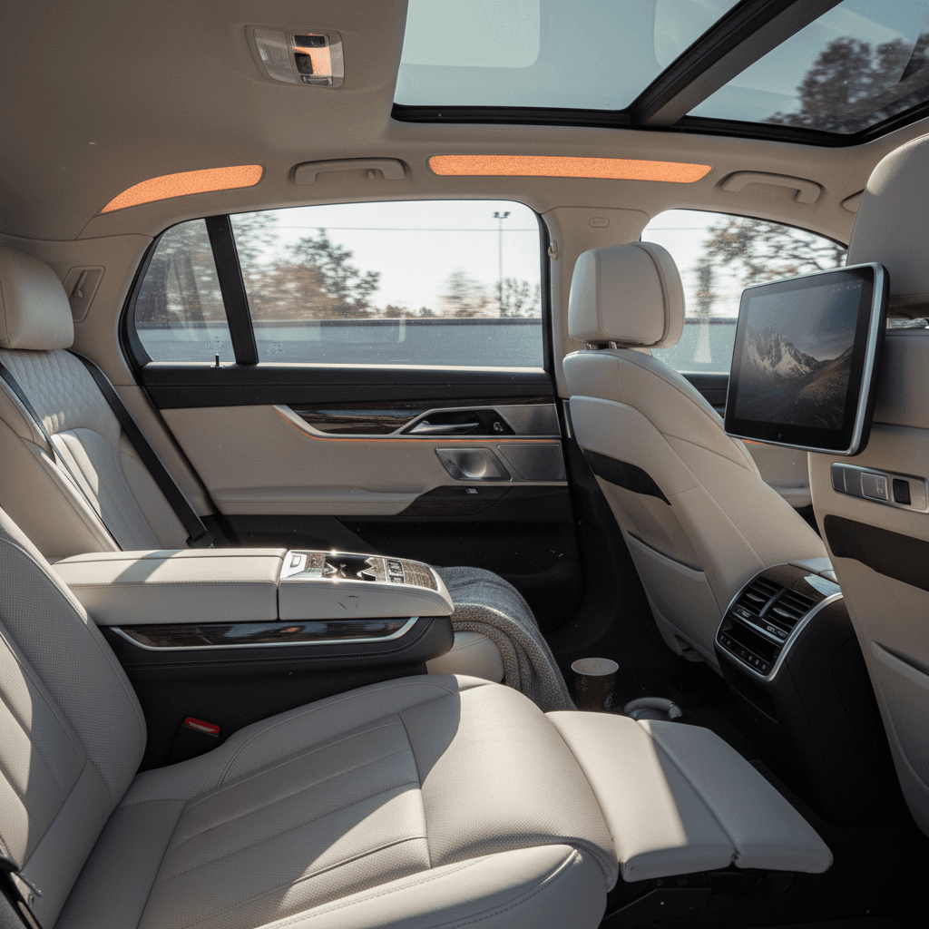 Reclined rear Executive Lounge seat in a BMW i7 with extended footrest and dim ambient lighting, set up for a passenger to relax or nap