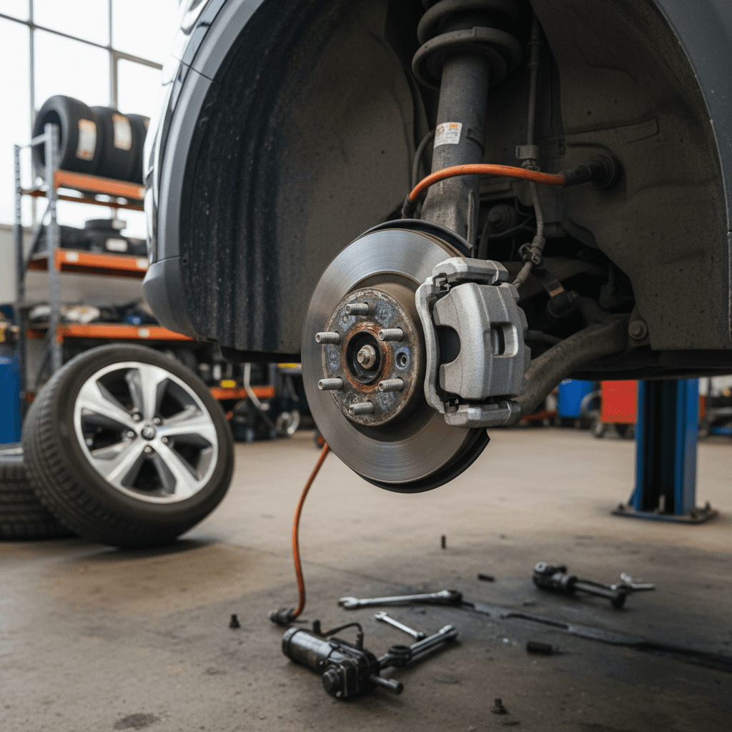Kia Niro EV wheel and brake components exposed on a shop lift