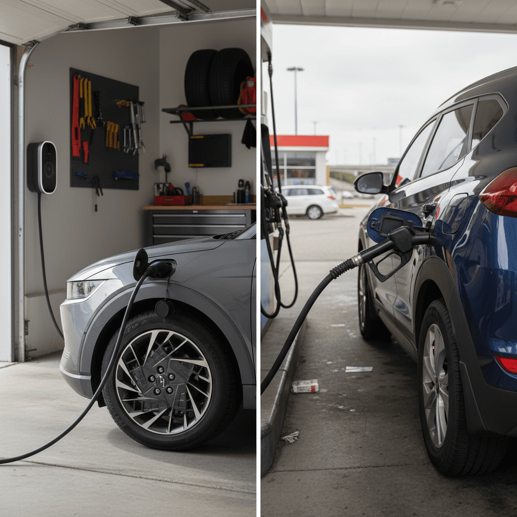 Hyundai Ioniq 5 charging at home next to a Hyundai Tucson refueling at a gas pump, illustrating different ownership styles
