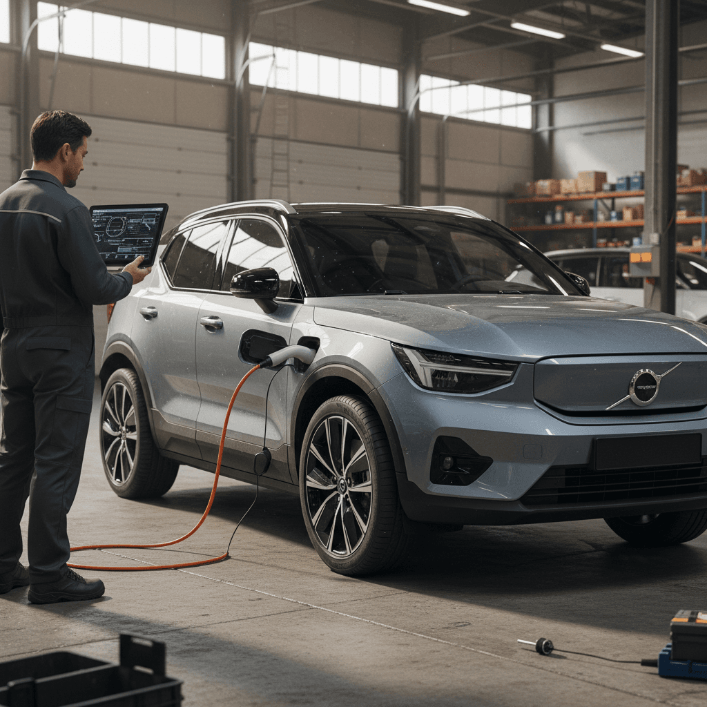 EV specialist using diagnostic tablet to check Volvo EX30 battery health during trade-in appraisal