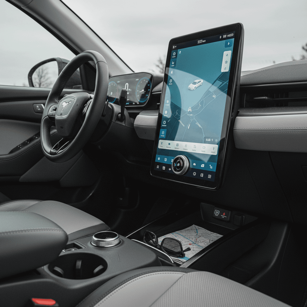 Interior of a 2022 Ford Mustang Mach-E showing its large vertical touchscreen and digital driver display