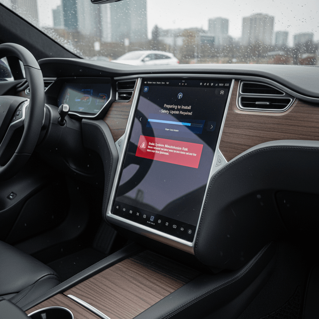 2023 Tesla Model S interior showing a software update notification related to a safety recall on the central touchscreen