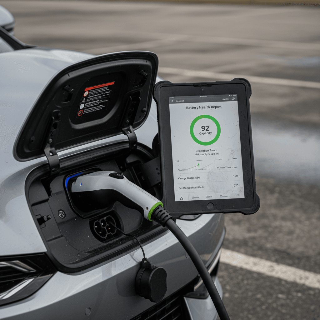 Technician using a tablet to review a Kia EV6 battery health report while the vehicle charges