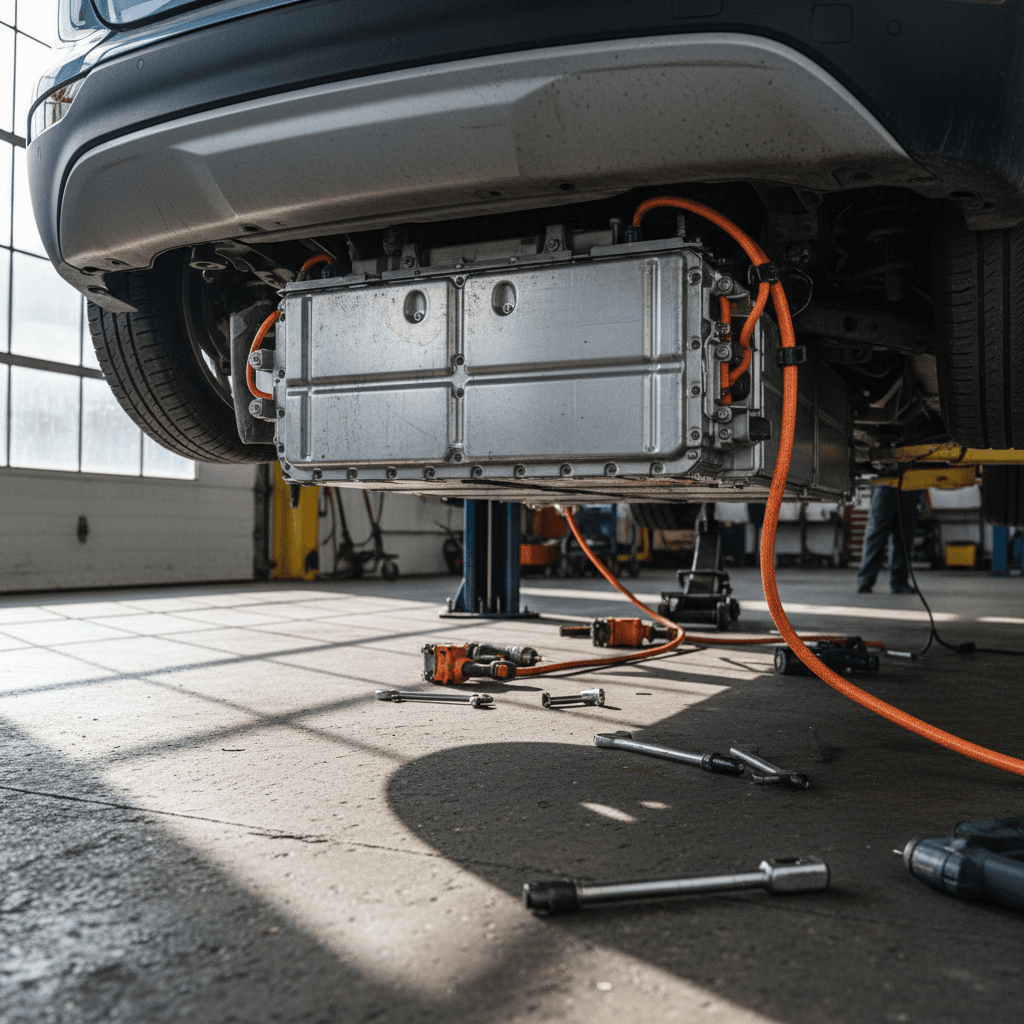 Technician working under a Chevrolet Bolt EUV on a lift with the battery pack exposed