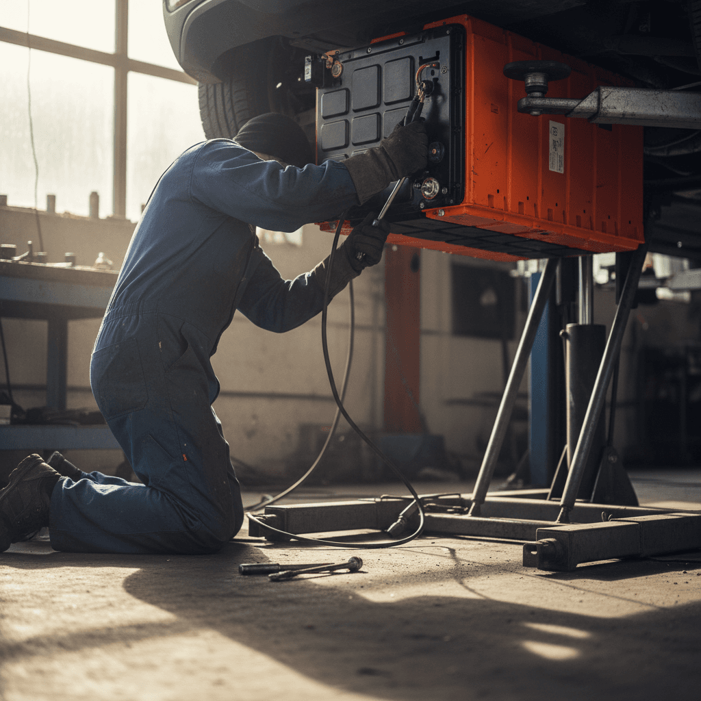Mechanic working under a Chevy Bolt on a lift to access the high voltage battery pack
