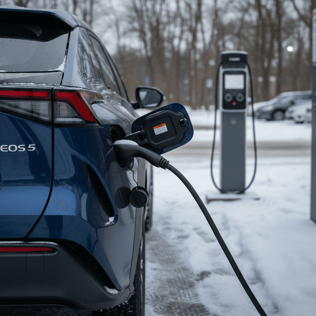 Toyota bZ4X charging with snow on the ground, highlighting its cold-weather environment challenges