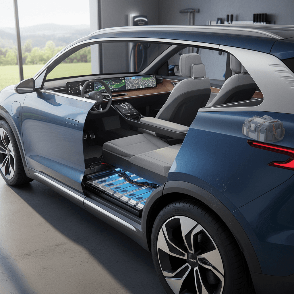 Illustrated cutaway of a midsize electric SUV showing the battery pack under the floor and a spacious cabin above it