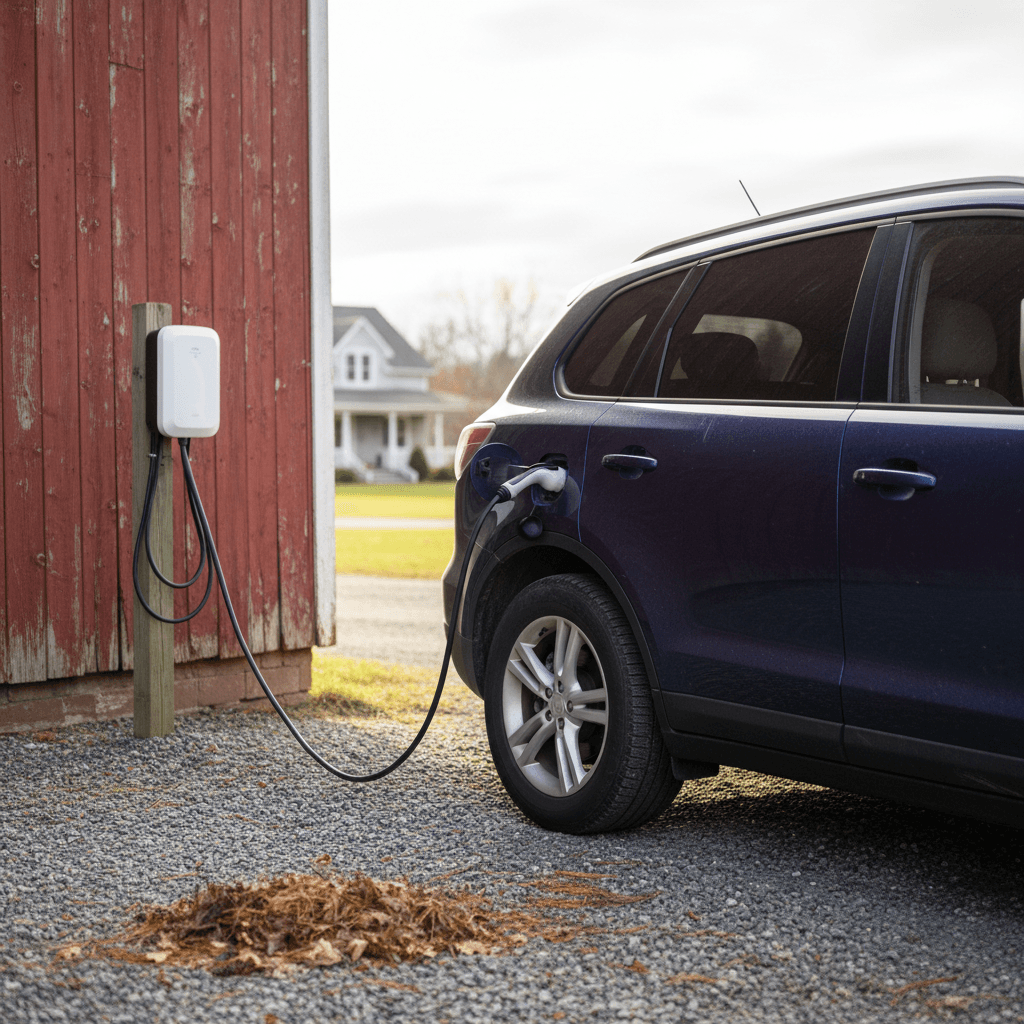 Used electric SUV with all-wheel-drive parked by a barn on a gravel driveway with a Level 2 charger on the wall
