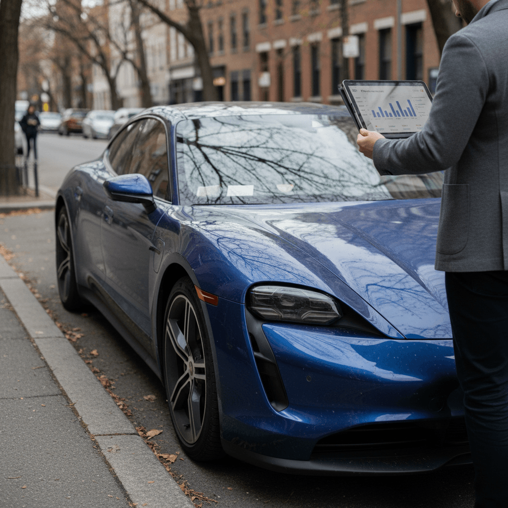 Used Porsche Taycan owner reviewing a digital resale value report while standing next to the car