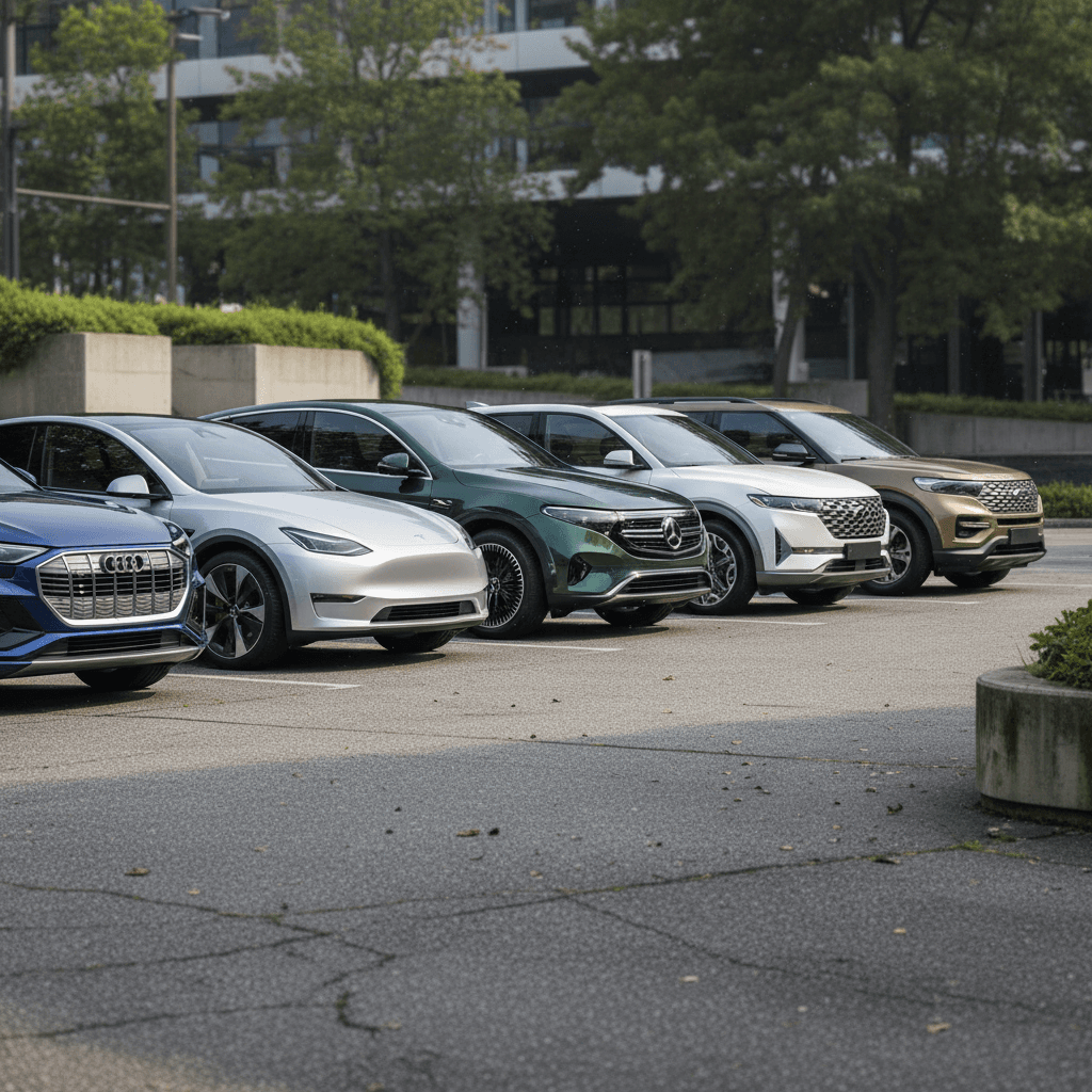 Lineup of 2026 electric SUVs from different brands parked side by side for comparison
