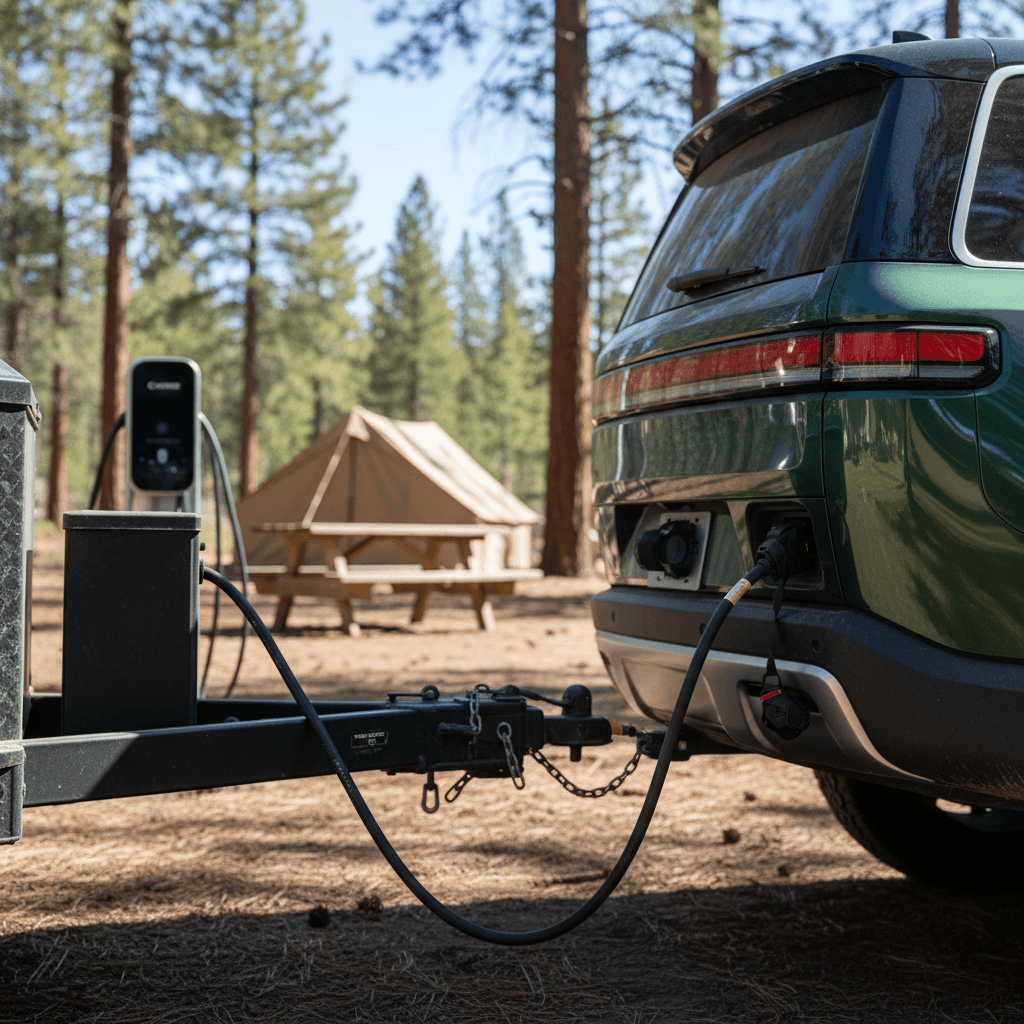 Rivian R1S charging at a DC fast charger during a highway road trip