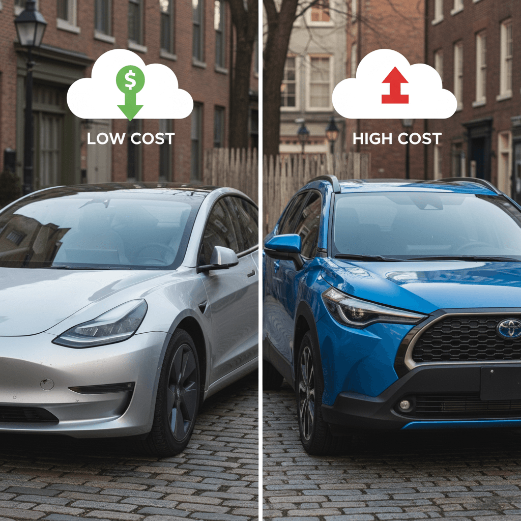 Side‑by‑side driveway view of a used electric car next to a new gas sedan, with icons for fuel, maintenance, and depreciation above each.