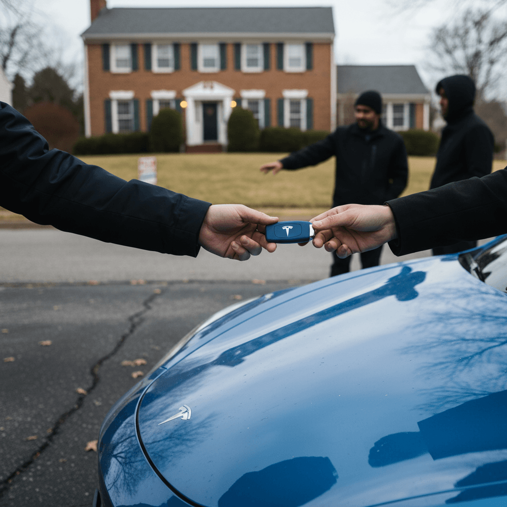 Maryland Tesla Model 3 seller handing keys to buyer after completing sale