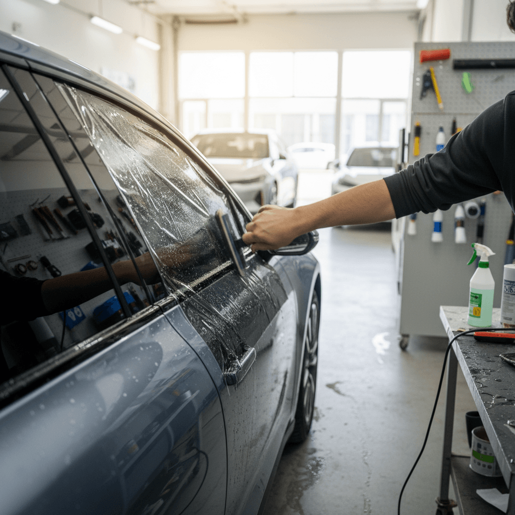 Technician applying ceramic window tint film to the side window of an electric vehicle in a professional tint shop
