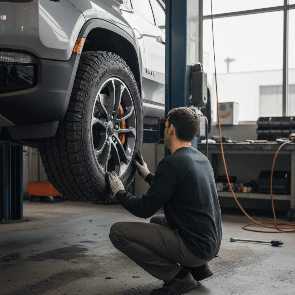 Rivian R1T on a lift with technician checking wheel, tire and brake components