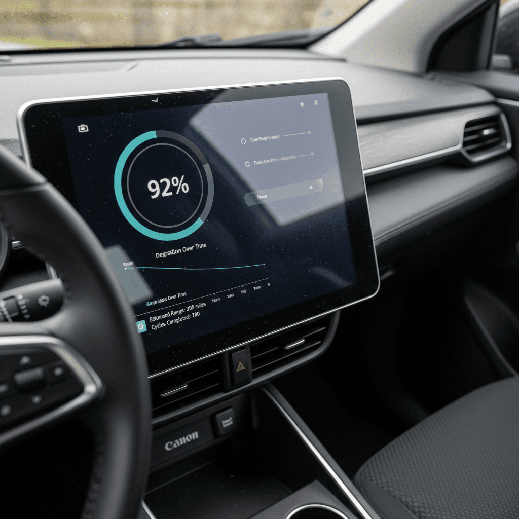 Tablet showing an EV battery health report with state of health percentage highlighted, next to a used electric car in a showroom