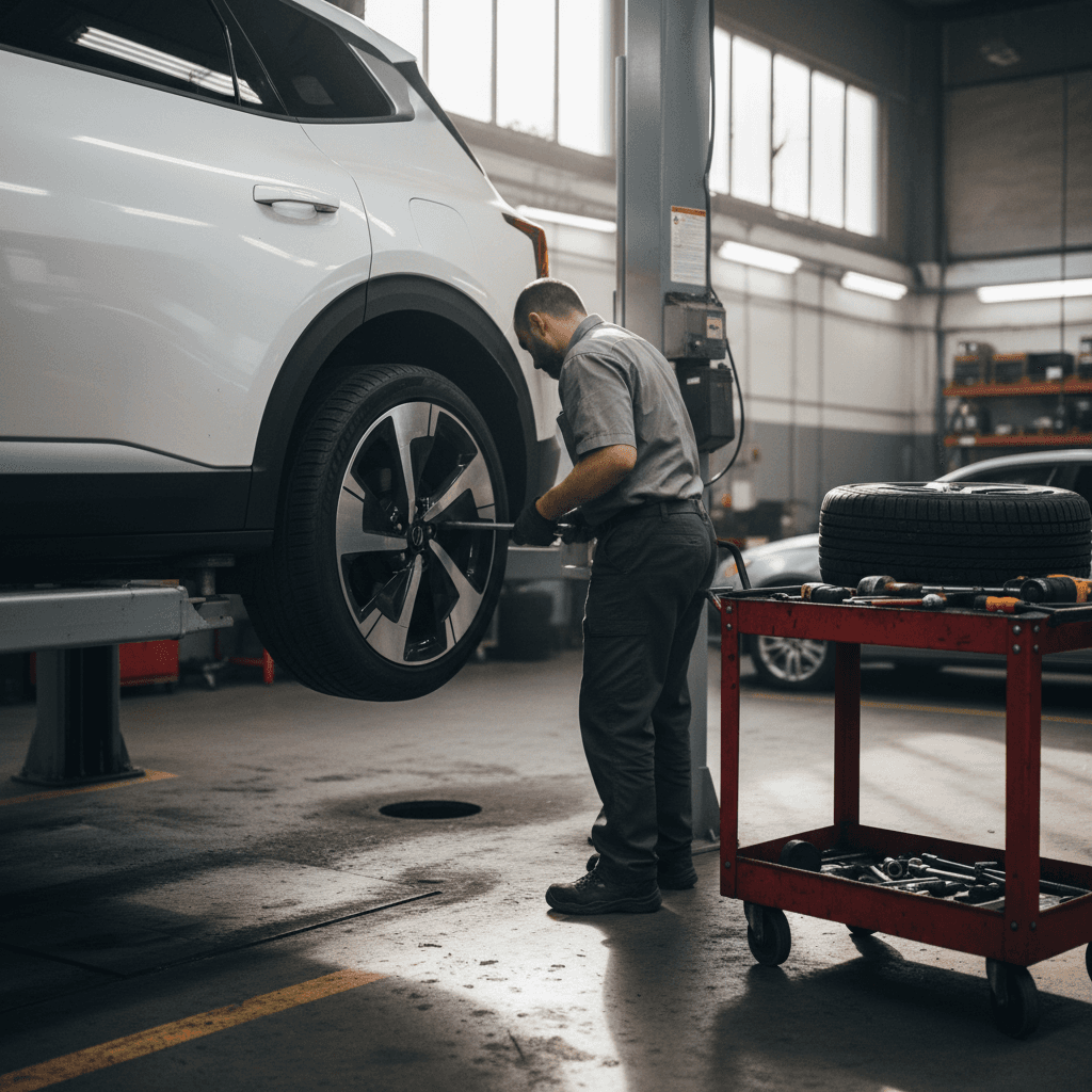 Technician rotating tires on a Kia EV9 in a modern service bay