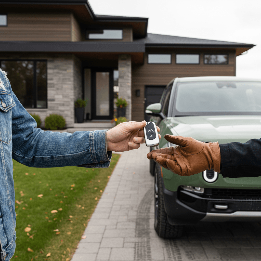 Owner handing Rivian R1T key fob to a buyer after completing a used EV sale in front of their home