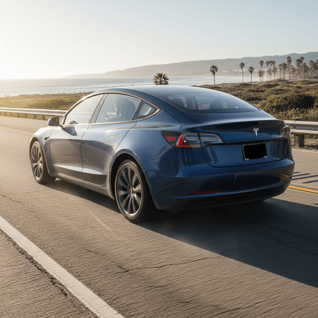 White Tesla Model 3 driving along a sunny coastal highway near San Diego
