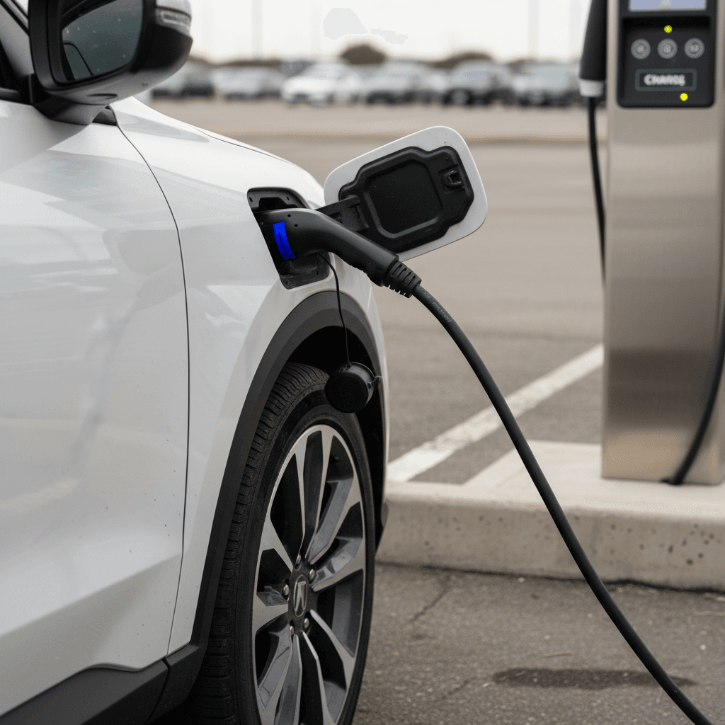 Honda Prologue charging at a public DC fast charger, with cable plugged into charging port near the front fender