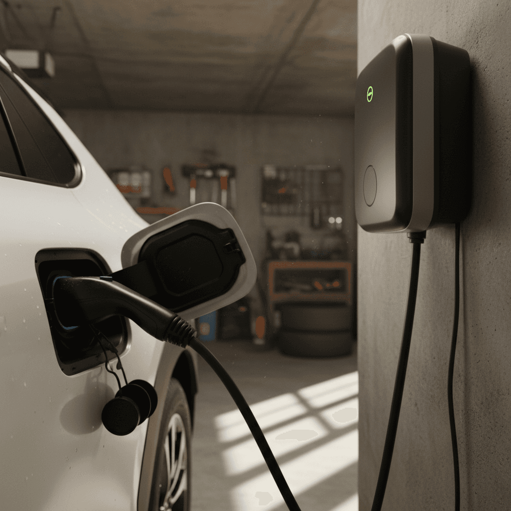 Toyota bZ4X charging at a home wall-mounted Level 2 charger in a garage