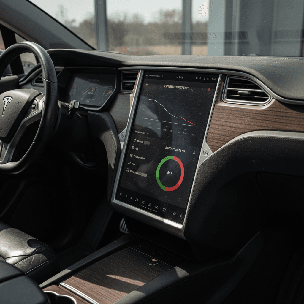 Interior of a Tesla Model X showing central touchscreen with valuation and battery health information displayed