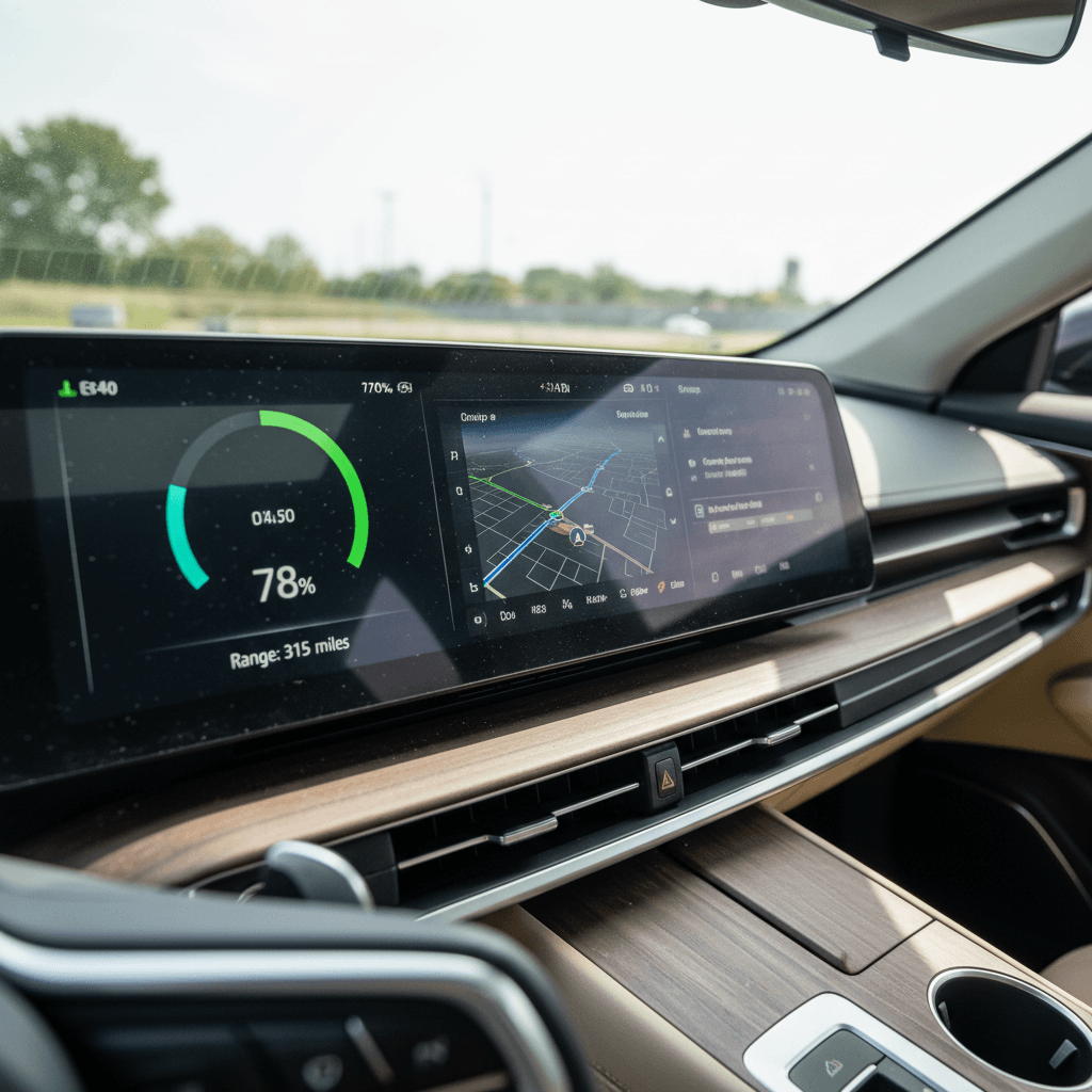 Lucid Air digital instrument panel showing battery, range, and navigation information in a minimalist luxury interior