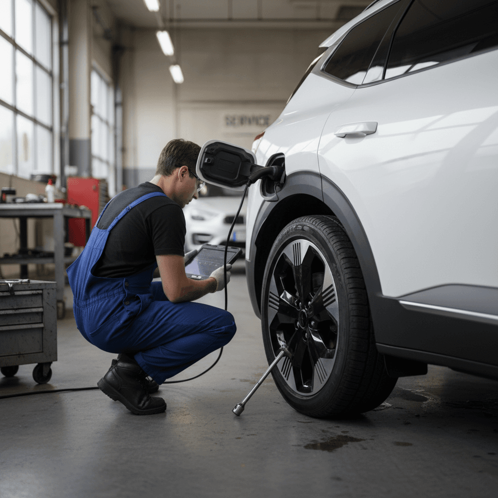 Technician examining the charging port and front wheel area of a Kia EV9 in a service bay