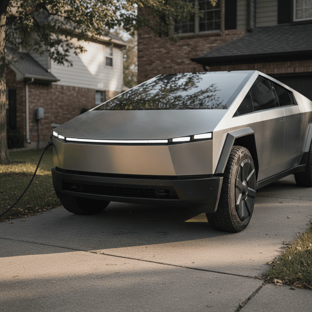 A Tesla Cybertruck parked in a residential driveway, highlighting its size and distinctive stainless body