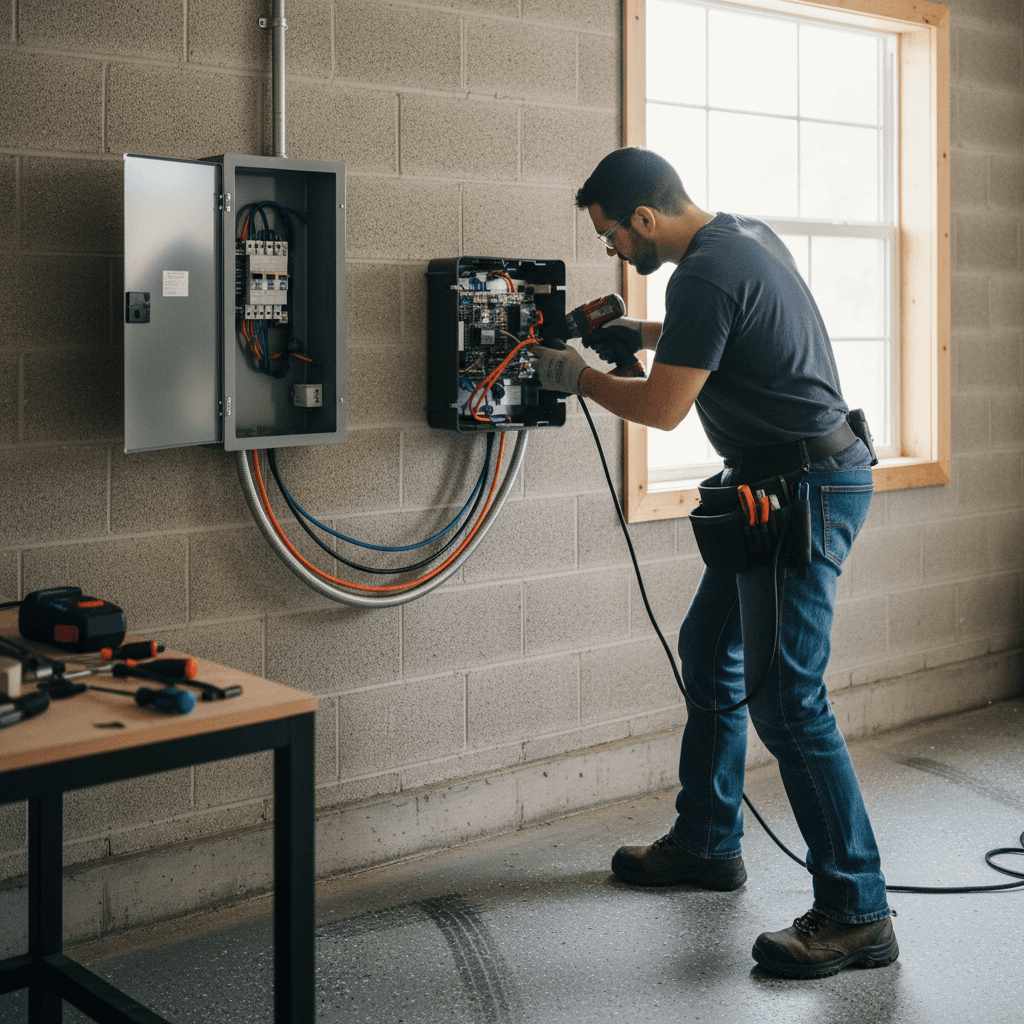 Licensed electrician installing a wall-mounted Level 2 home EV charger in a residential garage