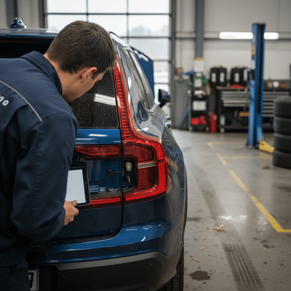 Technician checking the rear tailgate hardware and lighting on a Volvo EX90 in a service bay
