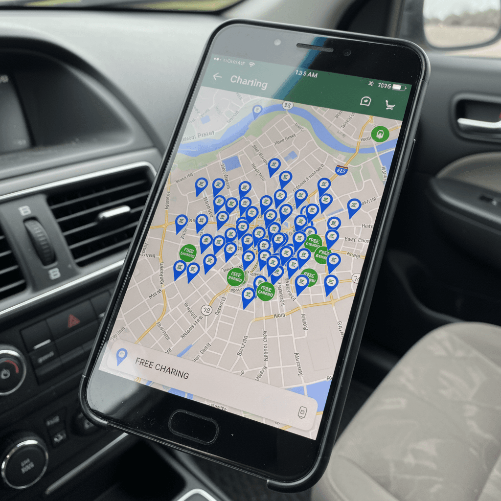 Smartphone displaying a map of free EV charging stations around downtown Kansas City, Missouri