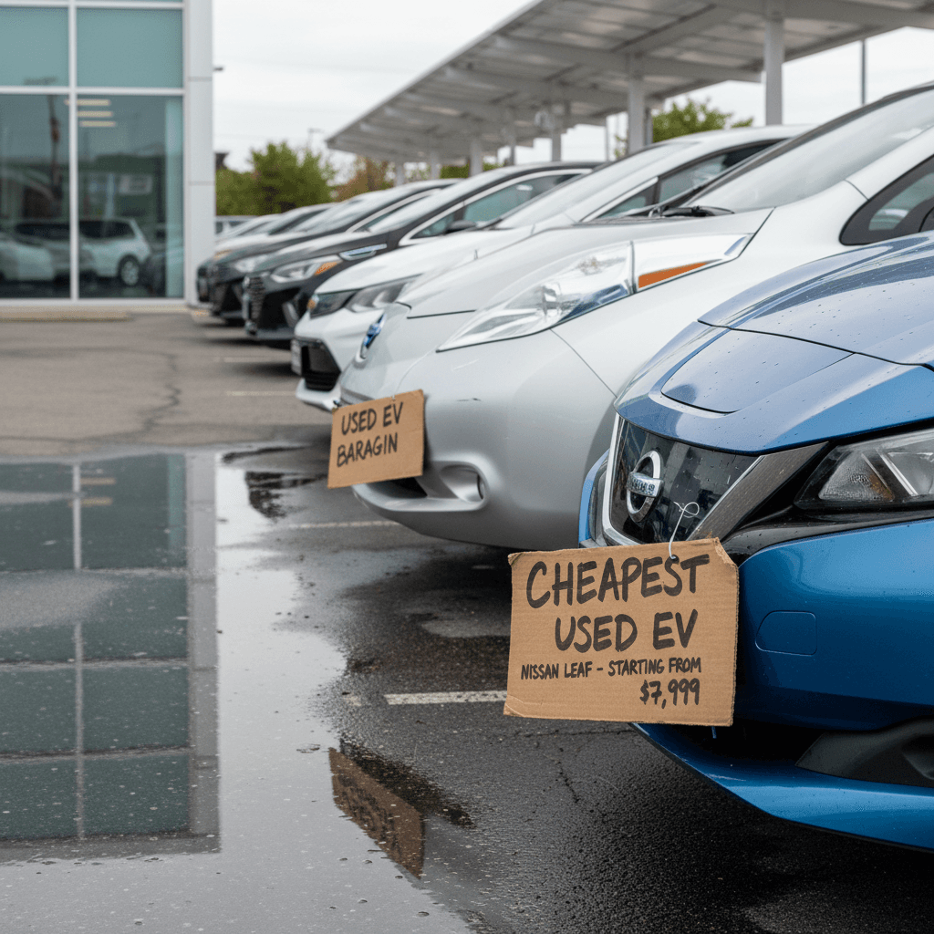 Row of small used electric hatchbacks at a dealership, representing cheap sub-$10k EV options