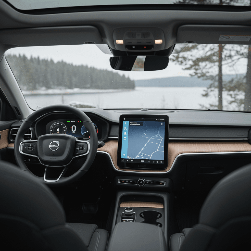 Minimalist interior of a Polestar 2 highlighting center touchscreen and driver display