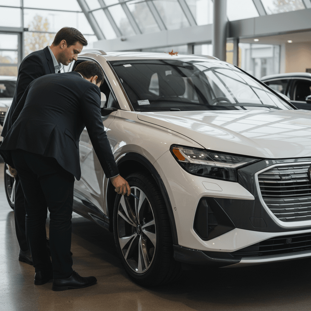 Pre-owned Audi Q4 e-tron parked at a modern EV-focused dealership while a battery-health report is being reviewed