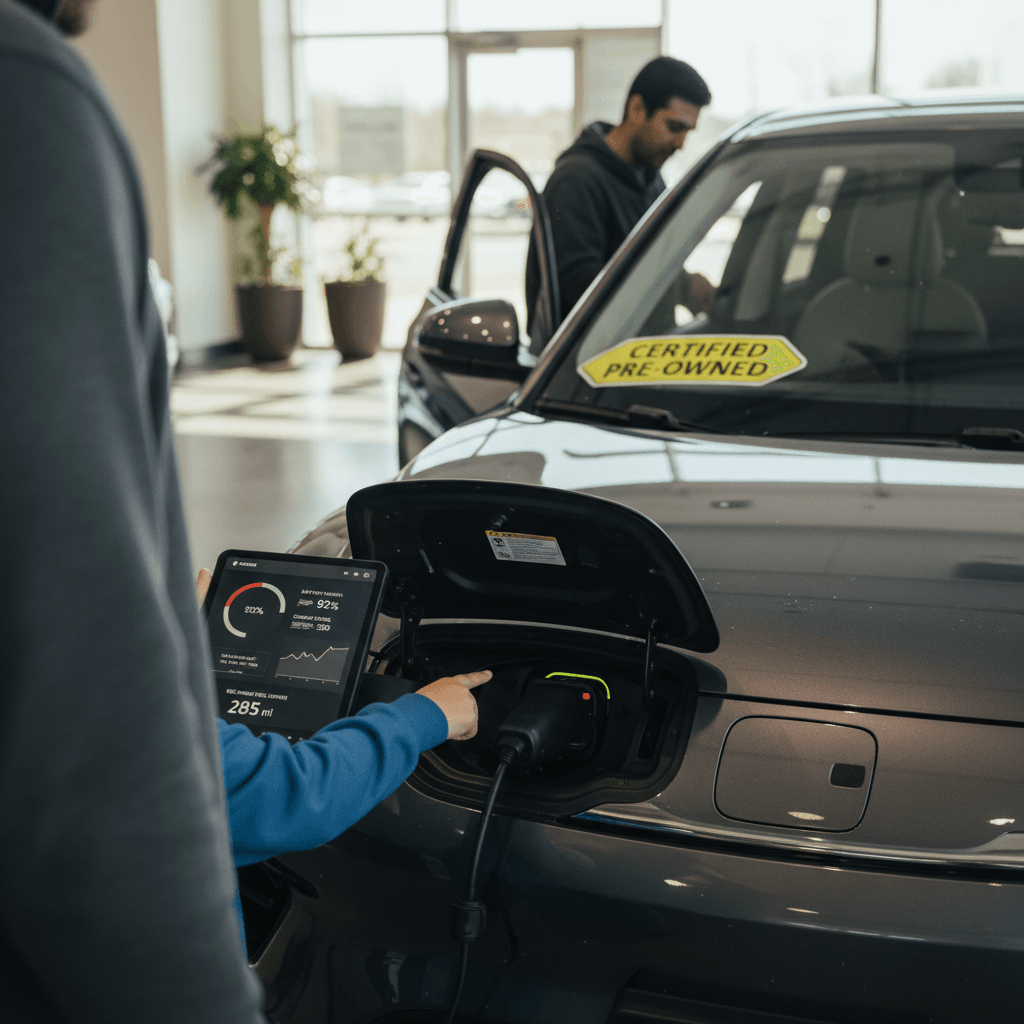 Technician inspecting an electric car on a lift as part of a certification process