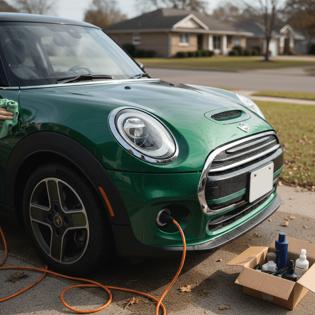 Owner inspecting charging port and cable on a Mini Cooper SE before sale