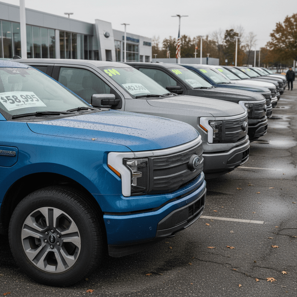 Row of used Ford F-150 Lightning electric pickups on a dealer lot with price stickers on the windshields