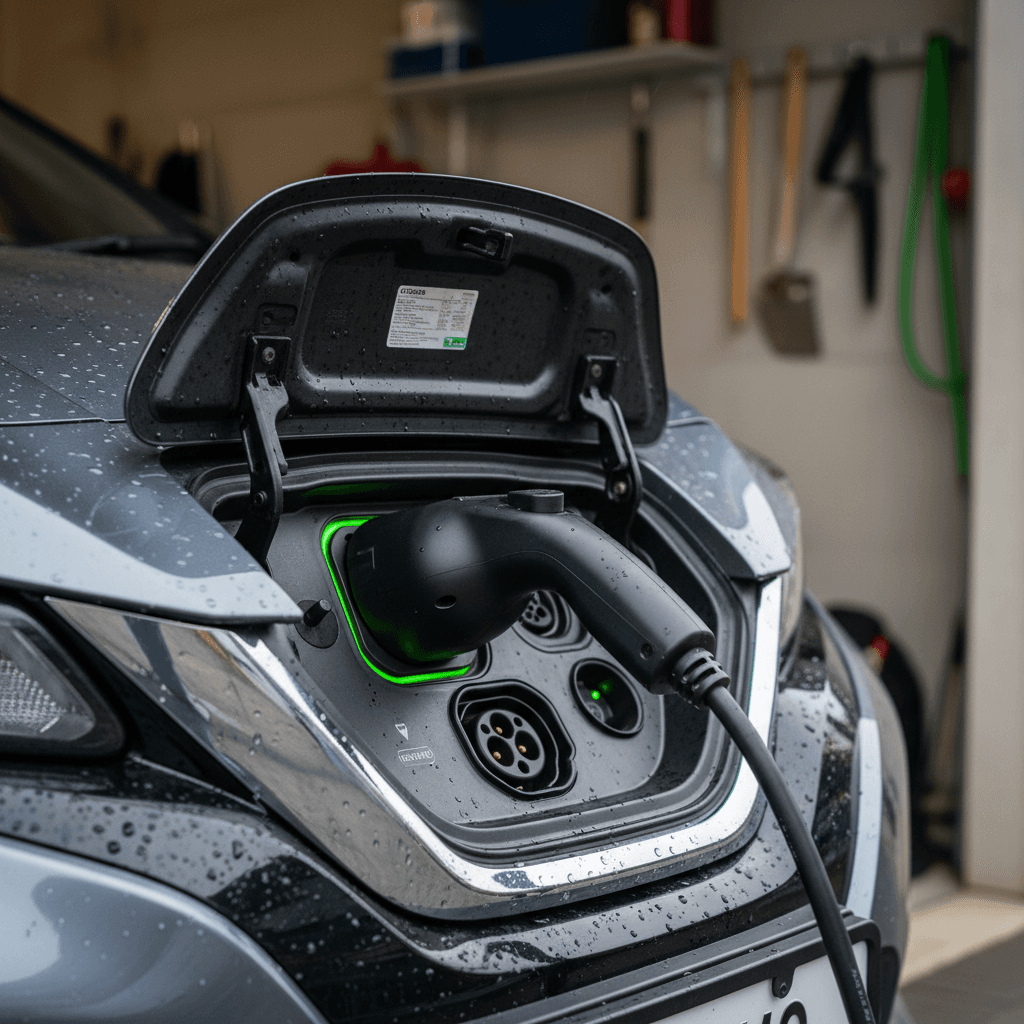 Close-up of a 2021 Nissan Leaf charging port and connector while plugged into a home Level 2 charger