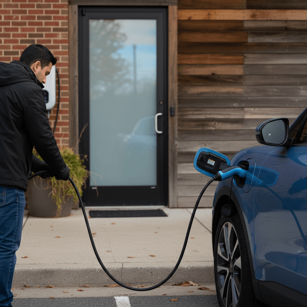 Driver plugging an electric vehicle into a Level 2 wallbox at a mixed-use development garage in Fairfax, Virginia
