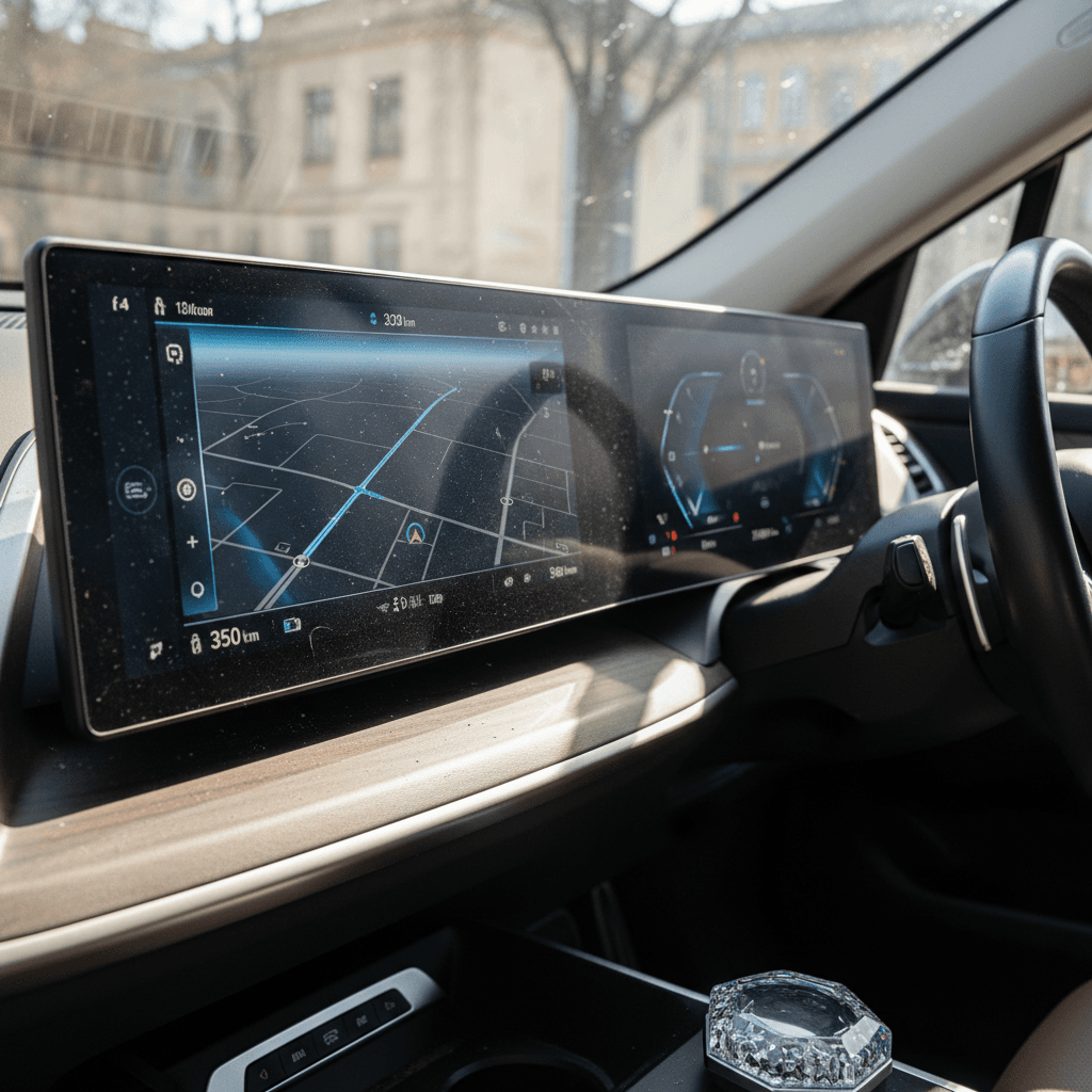 Digital dashboard of a 2023 BMW iX showing battery charge, mileage, and navigation, emphasizing condition and technology features that affect resale value.