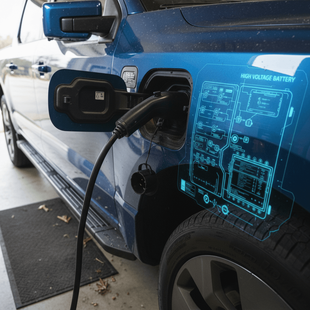 Ford F‑150 Lightning charge port and stylized battery graphic showing warranty coverage for the high‑voltage pack