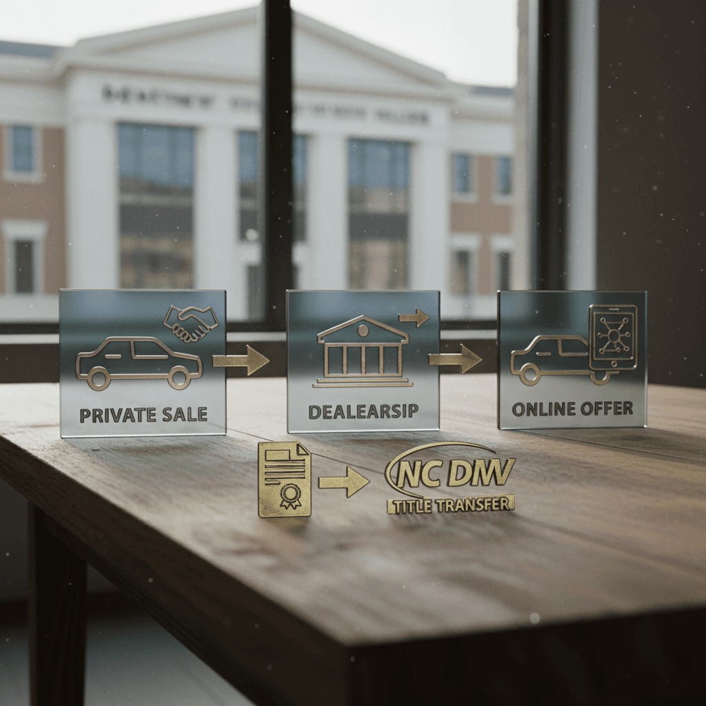 Diagram comparing private sale, dealer, and online marketplace options for selling a used car in North Carolina