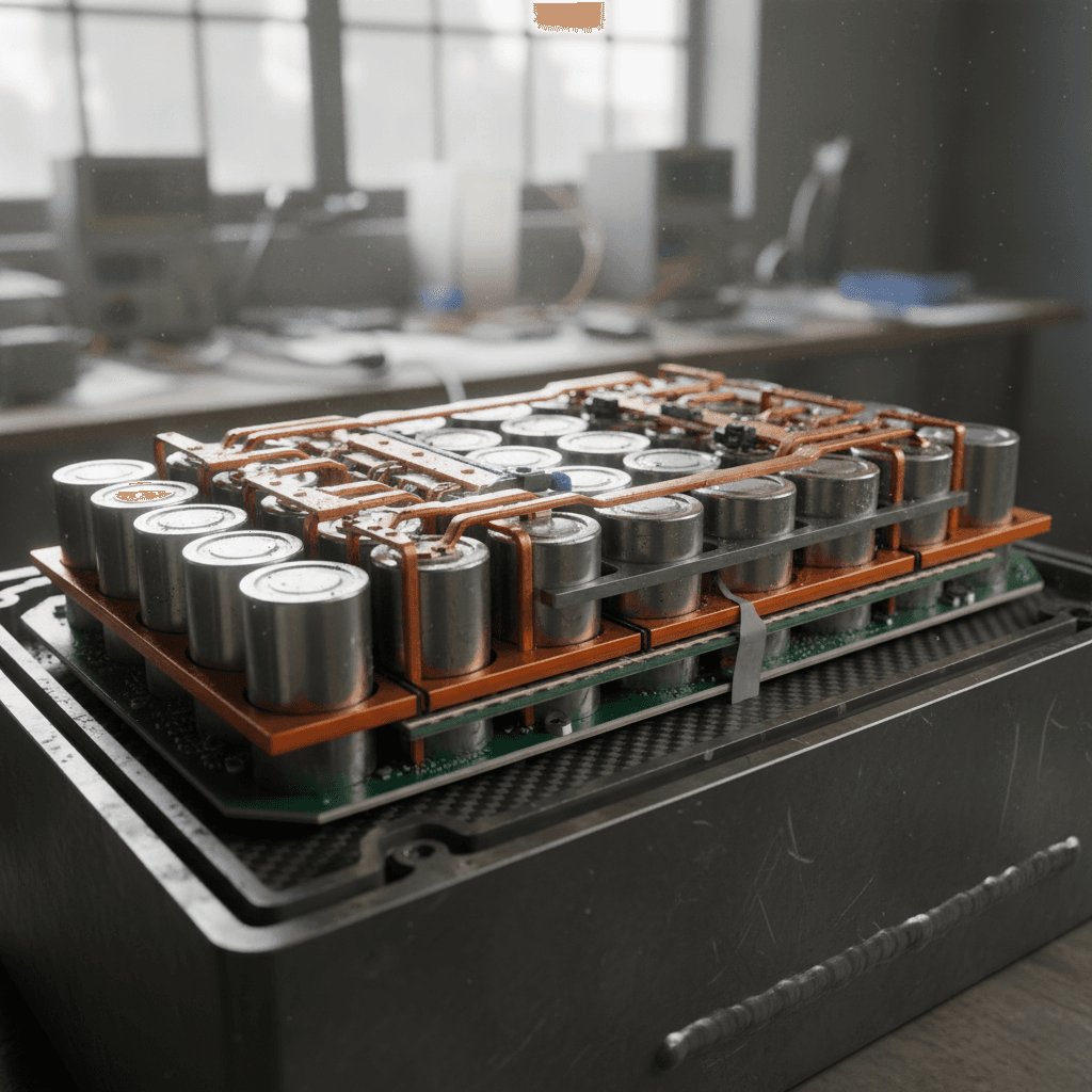 Underfloor EV battery pack showing modules and structural integration into the chassis