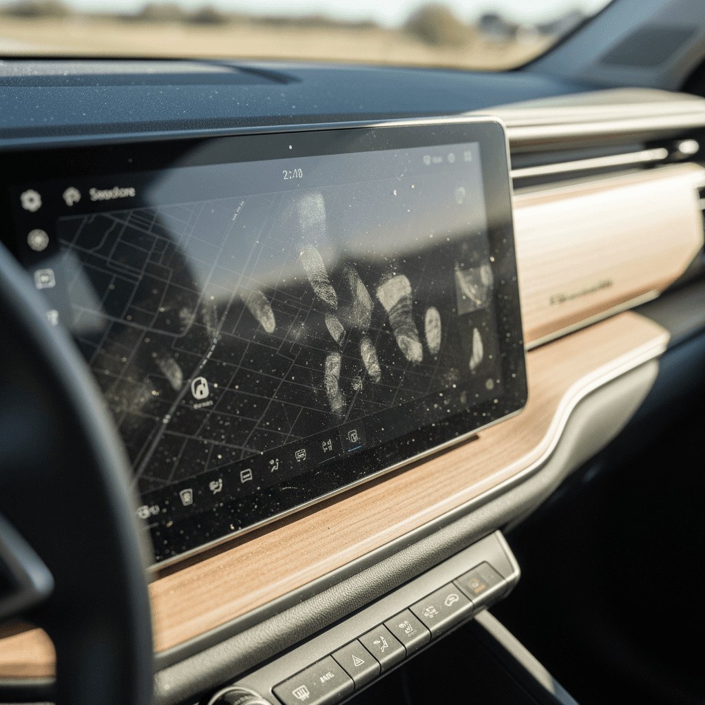 Close-up of a Rivian R1S center touchscreen showing fingerprints and reflections in natural daylight.