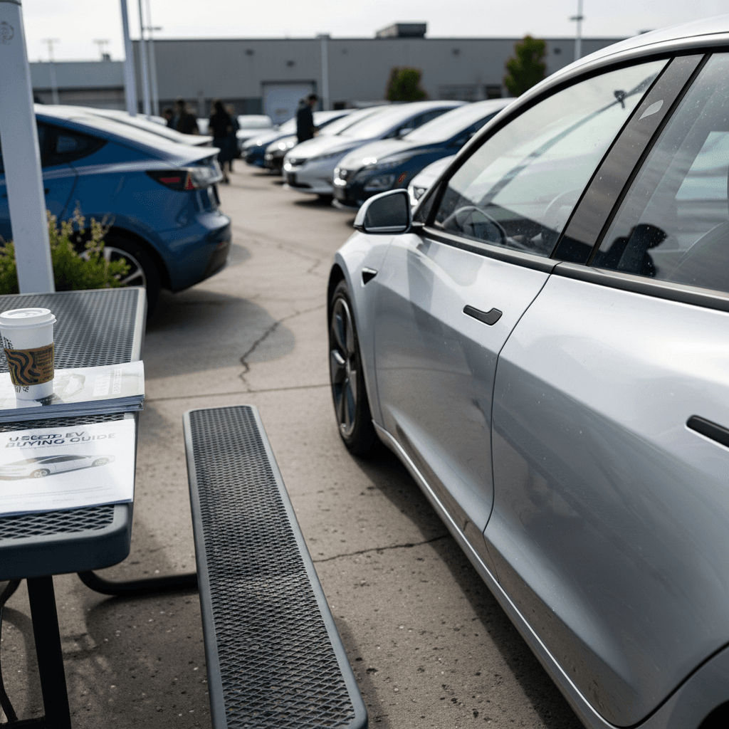 Row of used electric sedans parked at a dealership lot
