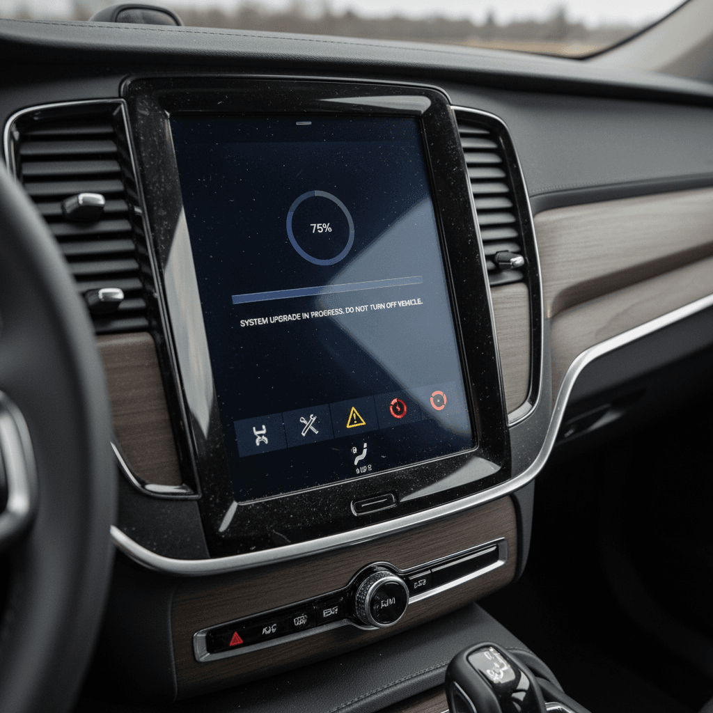 Volvo EX90 center display showing software update notification and warning icons