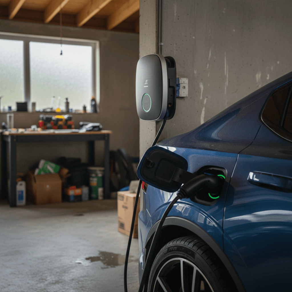 Polestar 2 charging from a J1772 Level 2 wallbox mounted in a residential garage