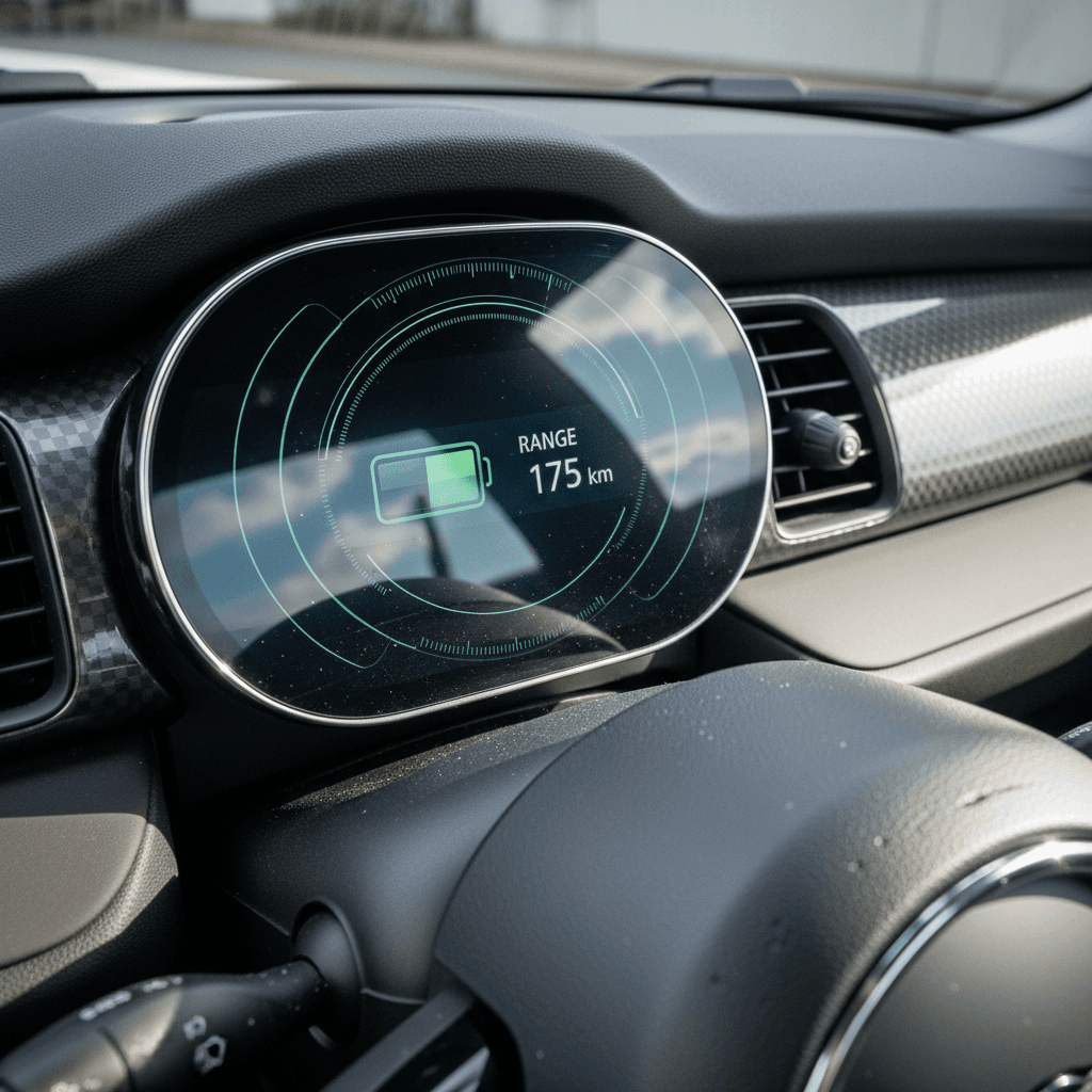 Mini Cooper Electric driver display showing battery state of charge and estimated remaining range during a test drive